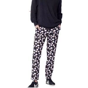 Wildfang Black Floral Straight-Leg Pants with White/Pink Blooms